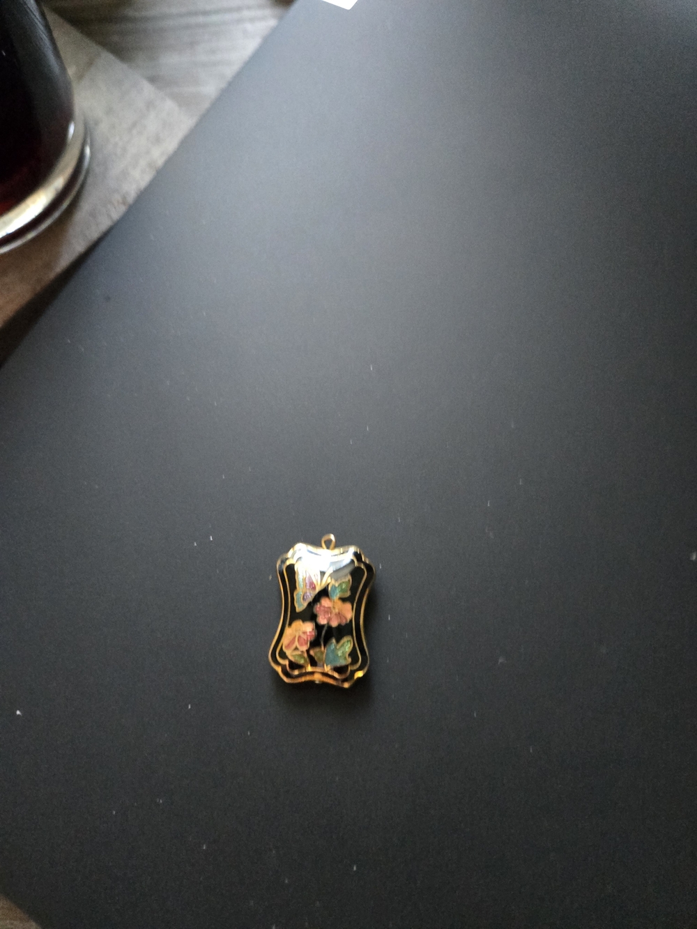 Gold-Tone Floral Enamel Pendant Necklace - Black with Pink Flowers